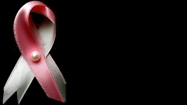 Pink ribbon with pearl on black background photo