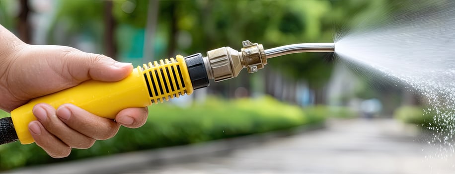 A person is spraying water from a hose on a street photo