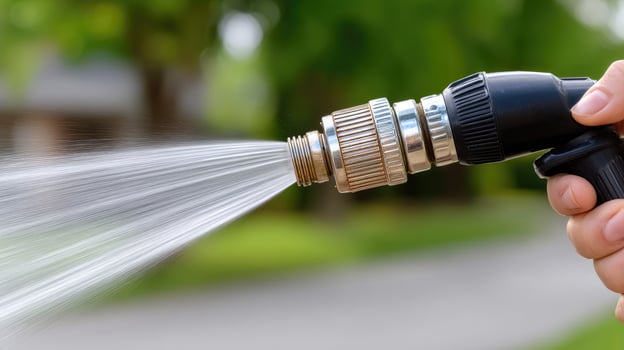 A person is holding a hose with water coming out photo