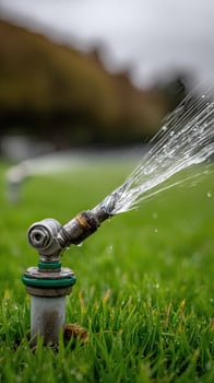 A sprinkler is spraying water on a green field photo