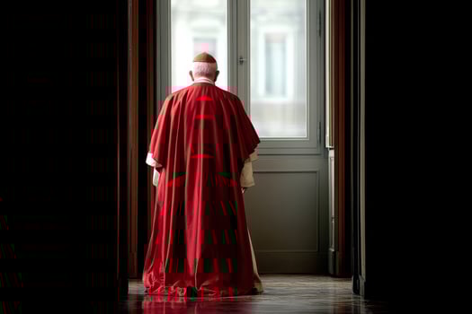 Rear view of Catholic leader in red ceremonial robe photo