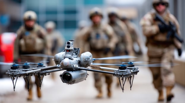 A soldier is walking with a drone in the background photo