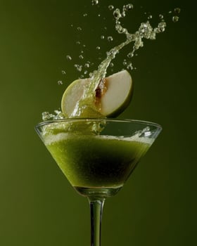 Green apple slice splashing into cocktail glass with matching green backdrop photo
