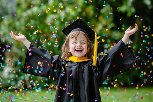 Happy preschool child celebrating graduation with confetti rain, arms raised photo
