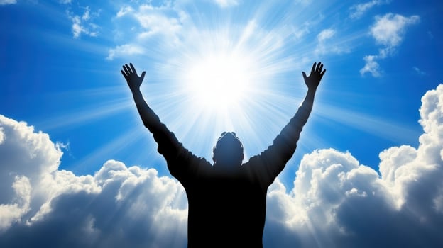 Reaching for the Sky A Silhouette of Hope and Inspiration Beneath a Radiant Sun photo