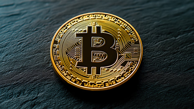 Gleaming golden bitcoin sits on dark, textured surface photo
