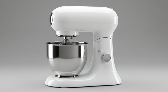 A white mixer with a metal bowl on top photo