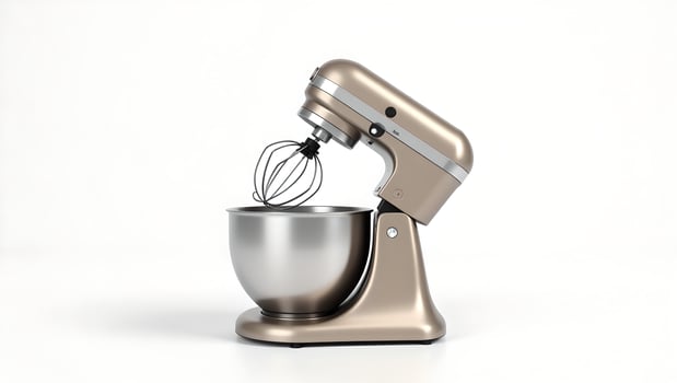 A mixer with a metal bowl on a white background photo
