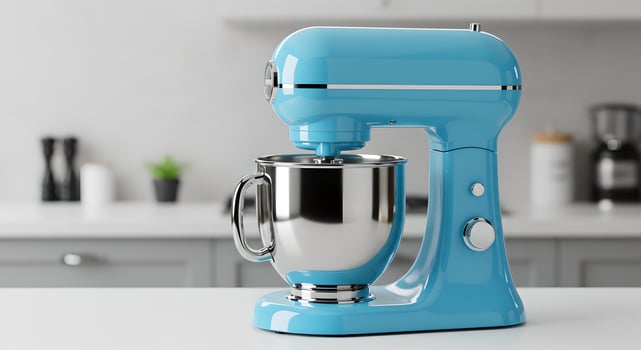 A blue mixer on a countertop photo