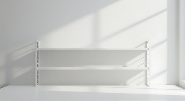 Minimalist White Room with Empty Shelves and Window Light photo