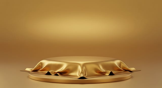 Golden Podium Draped in Luxurious Fabric on a Gold Background photo