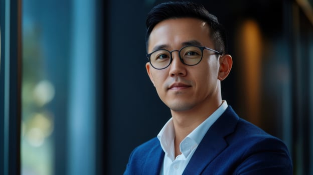 Professional portrait of young Asian businessman wearing glasses and blue suit photo
