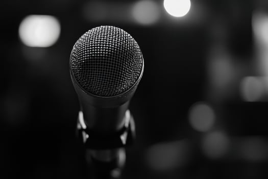 a microphone is shown in black and white photo