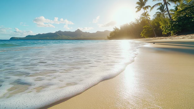 A beach with palm trees and a sun shining on it photo