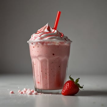 a strawberry milkshake with whipped cream and a strawberry photo