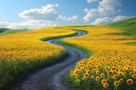 Sunlit Pathway through Vibrant Sunflower Field on a Sunny Summer Day photo