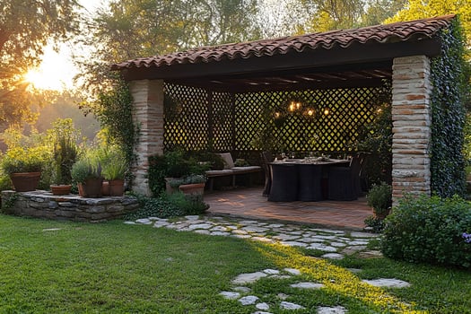 Rustic Garden Patio with Stone Path and Cozy Dining Area at Sunset photo