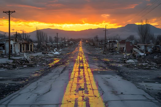 Sunset Over Abandoned Street Urban Decay and Renewal Stock Photo for Design, Poster, Print