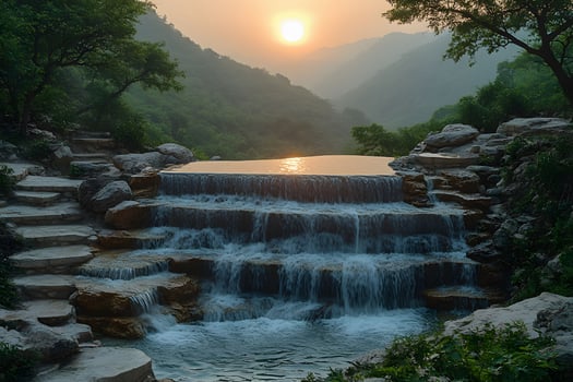 Scenic Waterfall at Sunset in Tranquil Mountain Landscape for Nature Posters photo