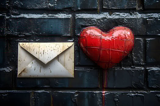 Love Letter and Heart Sculpture Against Grunge Brick Wall for Romantic Art Decor photo