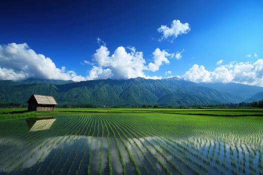 a rice field with a hut in the middle of it photo