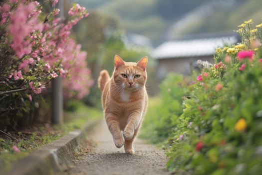 an orange cat walking down a path with flowers photo