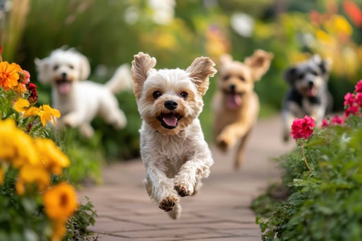 four small dogs running in a garden with flowers photo