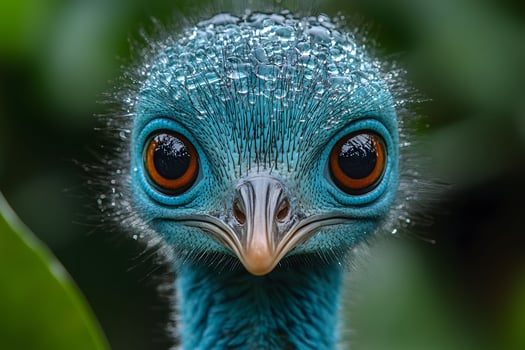 Close-Up of a Vibrant Blue Bird with Dew-Drop Adorned Feathers for Nature Photography photo