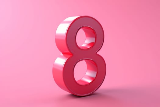 Shiny metallic pink number 8 isolated on pink. 3D rendered glossy alphabet type for poster, banner, advertisement, decoration. photo