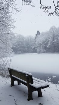 Snowy Landscape with Bench and Frozen Lake - Winter Wonderland photo