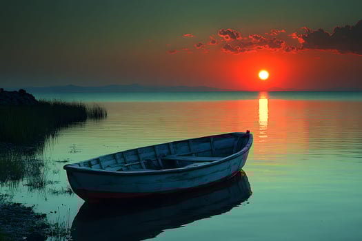 Tranquil Sunset Over Lake with Wooden Boat for Nature Photography and Wall Art photo