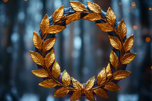 Golden Laurel Wreath in Winter Forest - Festive Holiday Decoration for Seasonal Design photo