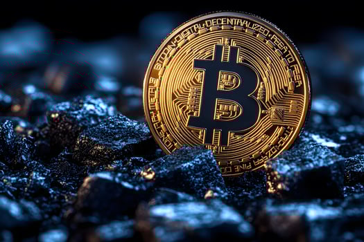 Bitcoin Cryptocurrency Coin on Shiny Black Rocks - Digital Currency, Blockchain Concept photo