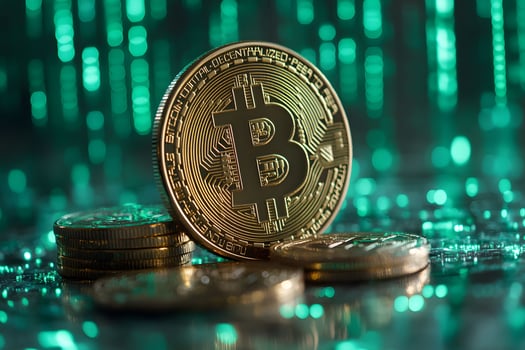 Cryptocurrency and Bitcoin Investment Concept with Gold Coins and Digital Background photo
