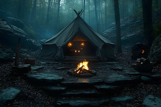 Mystical Forest Camping Scene with Illuminated Tent and Campfire Ambiance photo