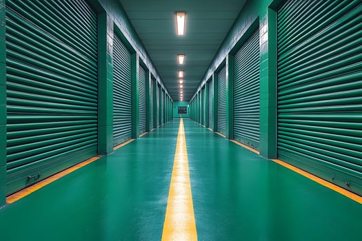 Industrial Storage Facility with Green Roll-Up Doors and Yellow Midline for Garage Design Inspiration photo