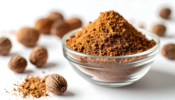 Nutmeg Spice in Glass Bowl and Whole Nutmeg photo