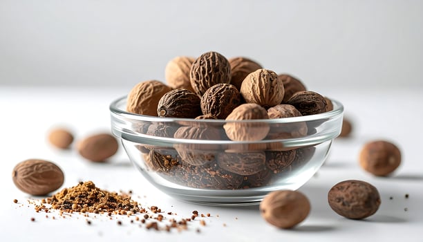 Nutmeg in Glass Bowl with Ground Nutmeg photo