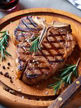 Grilled steak served on a wooden board with fresh herbs and spices photo