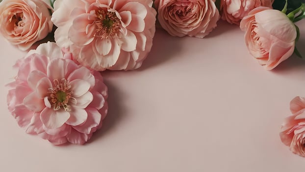 pink flowers. Delicate frame of delicate pink flowers on a pastel pink background photo