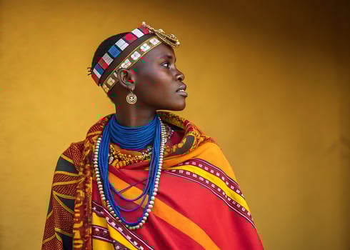 woman.. A captivating African portrait of a woman with a proud posture, dressed in bright traditional fabrics photo