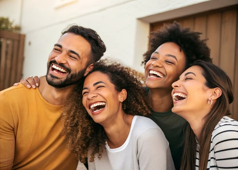 Sincere and joyful moments of friendship a group of friends laughing together in a warm atmosphere photo