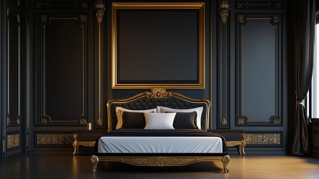 Wall frame template. Elegant black bedroom interior with a blank canvas photo