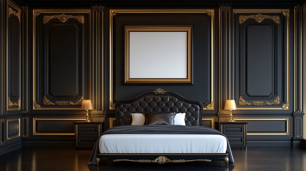 Blank frame for mockup use. Stylish interior featuring gold decor and dark tones photo
