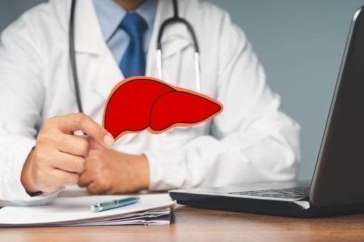 A doctor holding a liver shape symbol while sitting at the table in the hospital. photo