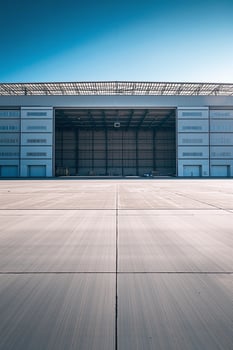 Large empty hangar with open door and concrete apron on sunny day photo