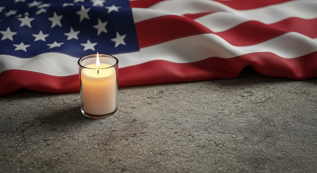 A Lit Candle and American Flag. Remembrance and Patriotism photo