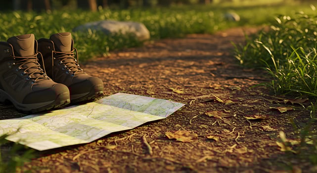 Hiking Boots and Map on Trail,Ready for Adventure photo