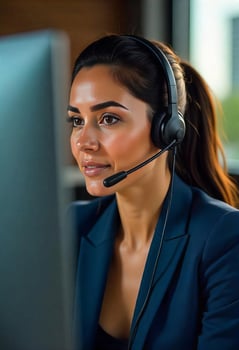 A 27 year old hispanic woman with a headset wearing a blue suit in a call center photo