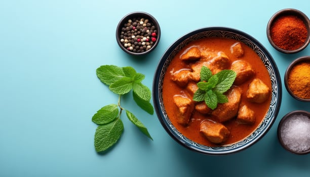 Delicious chicken tikka masala curry ornate setting food photography vibrant background culinary art photo